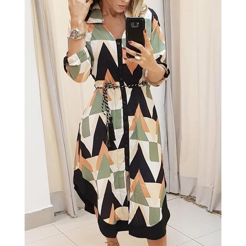 Multi-color Waist Tie Dress European and American Style Slimming Mid-Length Printed Dress Multiple Patterns Available