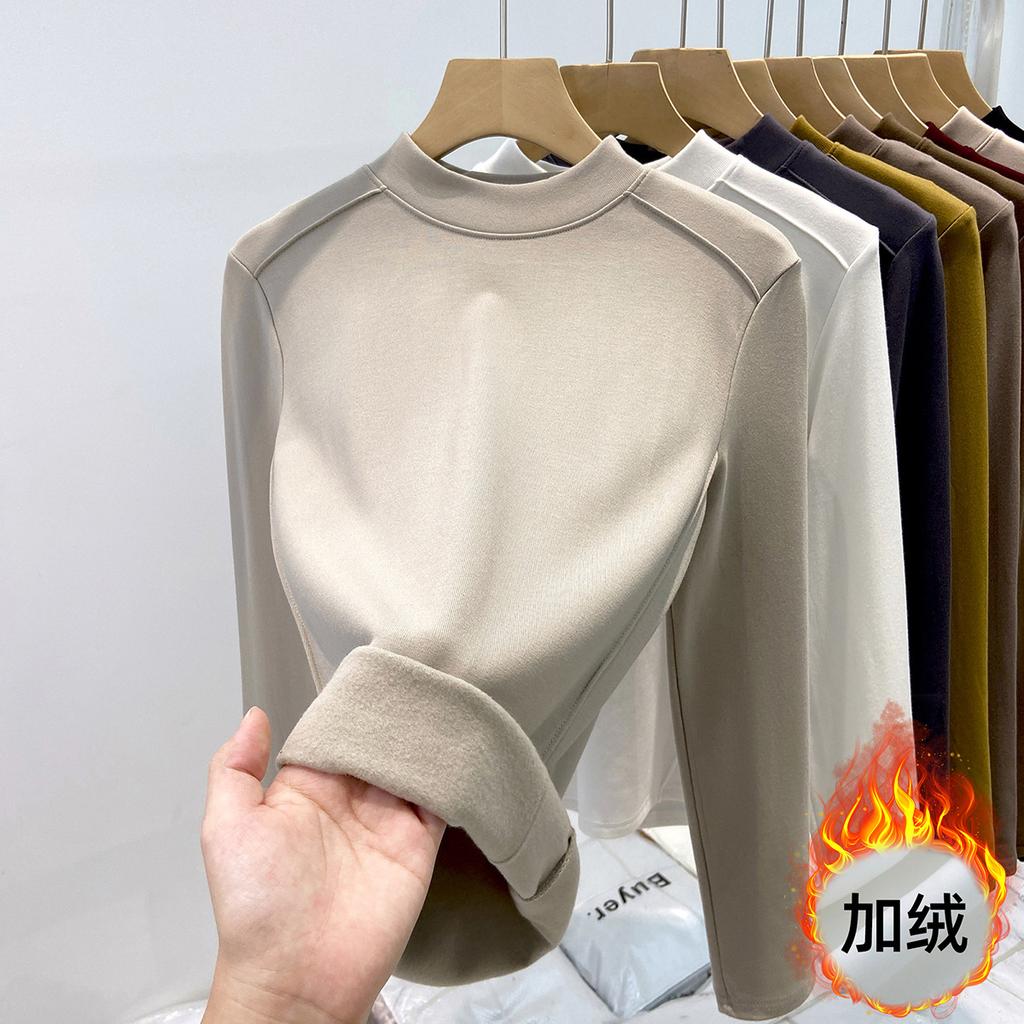 Флисовая полированная футболка с маленьким воротником-стойкой для женщин, весенняя, спереди «рыбья кость», плечо слим-фит, с длинным рукавом, футболка с топом внутри