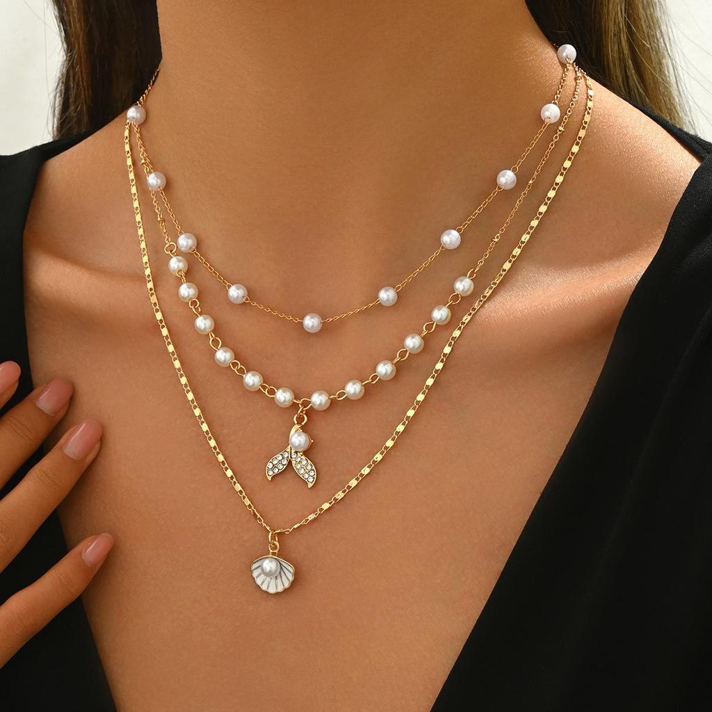 Европейское и американское многослойное ожерелье из искусственного жемчуга с подвеской из цинкового сплава в виде ракушки и рыбьего хвоста
