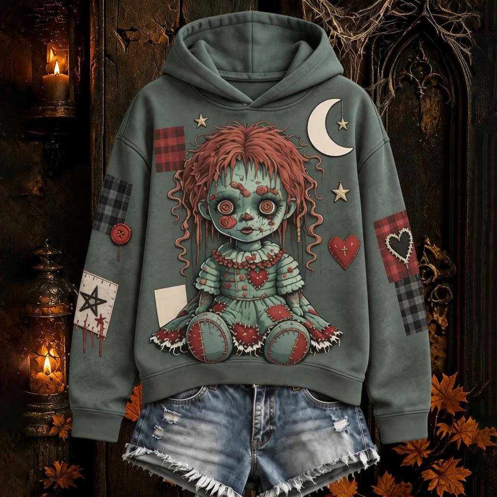 Women's Halloween Gothic Print Hooded Pullover Long Sleeve Sweatshirt