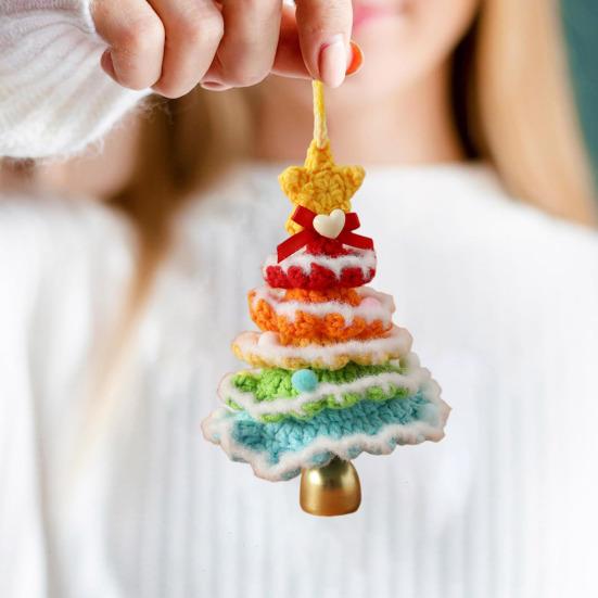 Handmade Mini Knitted Christmas Tree Ornament Multi-Layered Crochet Snow Flocked Tree with Gold Bells And Star Top for Christmas Home Decor