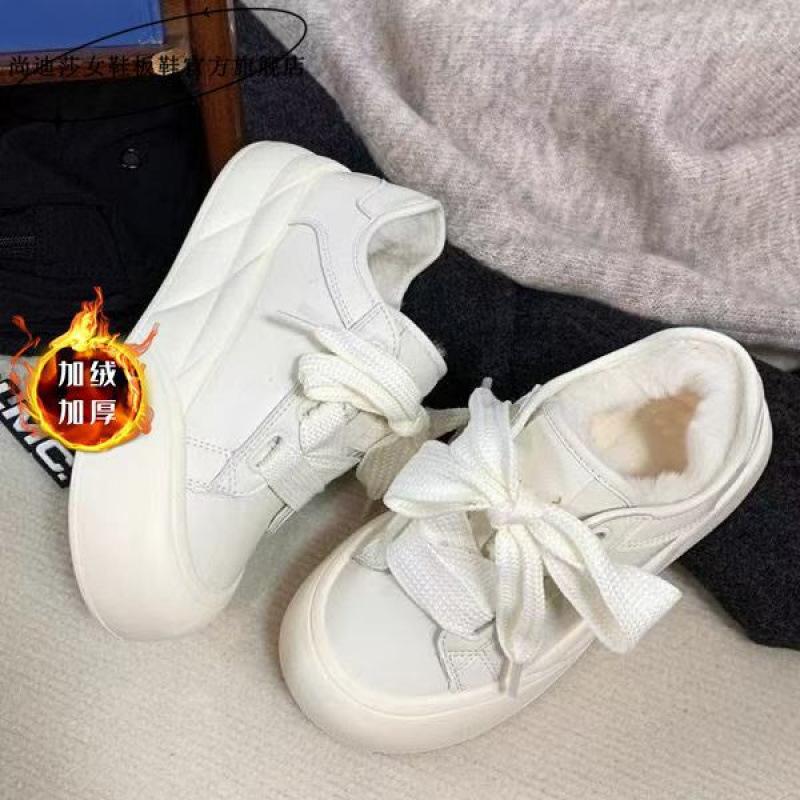 Нишевые уродливо-милые туфли с большой головой, маленькие белые туфли женские 2025 осень и зима бархатные теплые две хлопковые туфли ins универсальные на платформе повседневные туфли