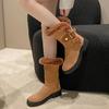 Модные замшевые рабочие женские зимние сапоги черные до середины икры с круглым носком на полувысоком элегантном среднем каблуке коричневые женские туфли весна 2024 с подкладкой