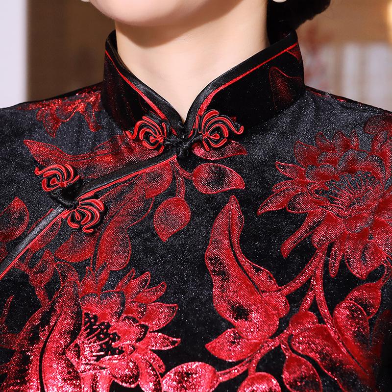 Autumn and winter velvet cheongsam long daily banquet long seven-quarter sleeve large size cheongsam women's performance clothes