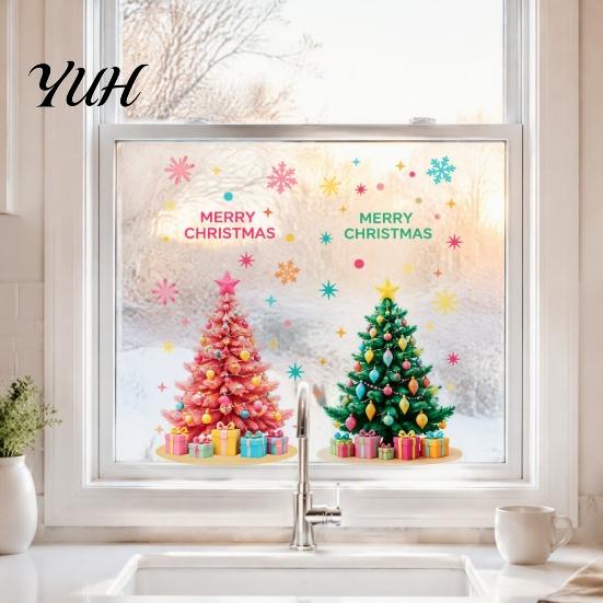 Winter Theme Wall Decor 2Pcs Pink Christmas Tree Static Window Clings, Removable Xmas Stickers Home Ornaments with Snowflake Star for Shop Cafe