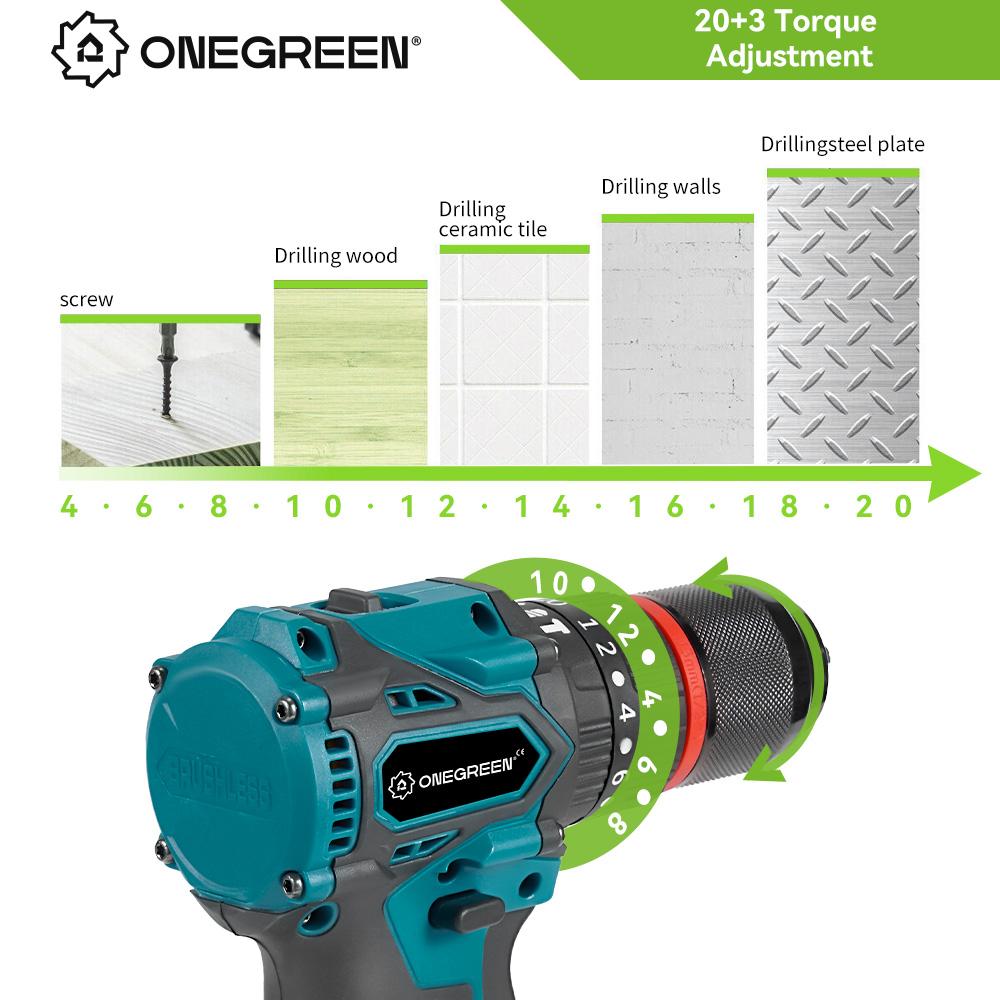 ONEGREEN 1200 Вт 480 Н.М крутящий момент бесщеточная электрическая ударная дрель 20 передач аккумуляторная отвертка электроинструменты для Makita 18 В аккумулятор