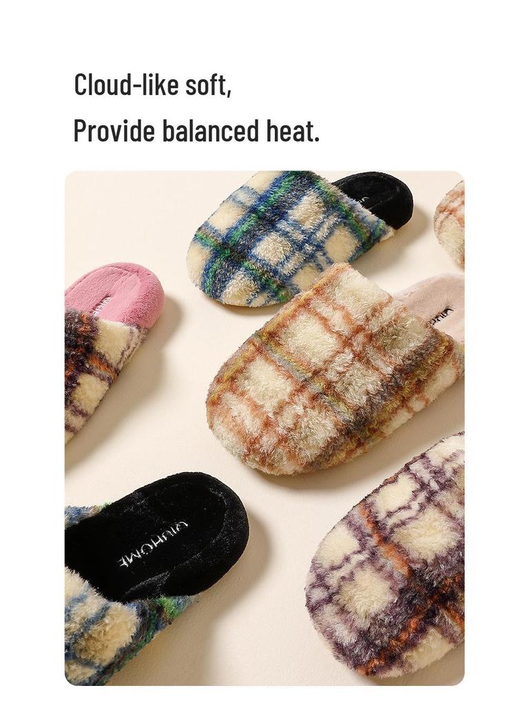Thickened Autumn/Winter Plaid Stripe Cotton Slippers - Comfortable Unisex Homewear