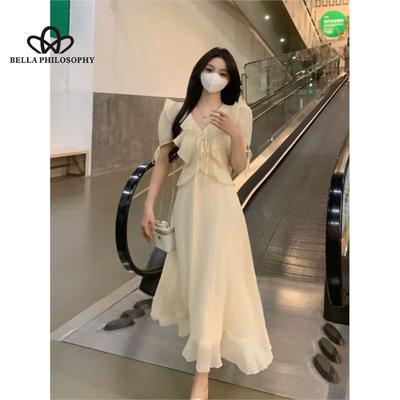Новое летнее платье с v-образным вырезом и рюшами во французском стиле, нежное элегантное однотонное утягивающее длинное платье с короткими рукавами