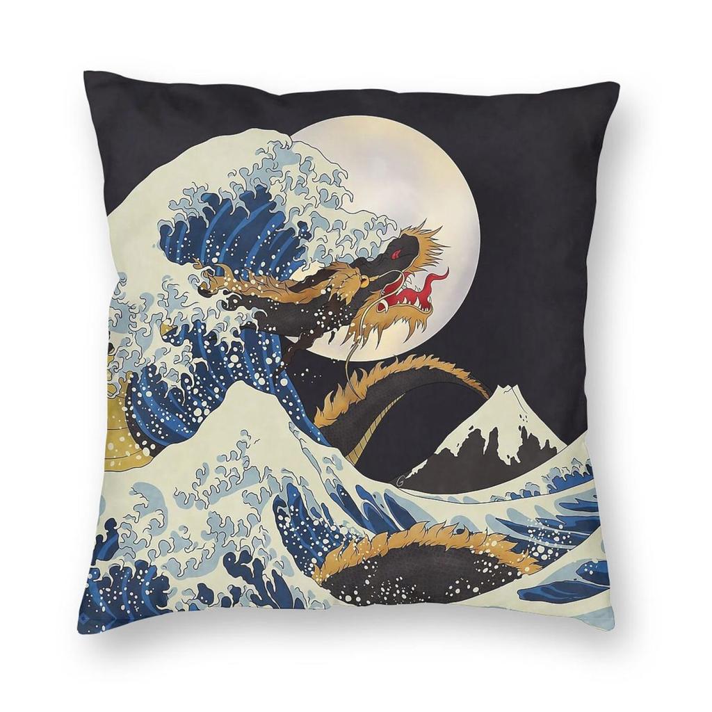 Dragon Great Wave Of Kanagawa Square Pillowcase Polyester Linen Velvet Printed Zip Decorative Throw Pillow Case Sofa Cover