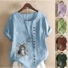 Women's Fashion Summer Round Neck Short Sleeve T-shirt Casual Cotton Linen Graphic Shirt Leisure Loose Flower Cat Prined Blouse Tops Plus Size
