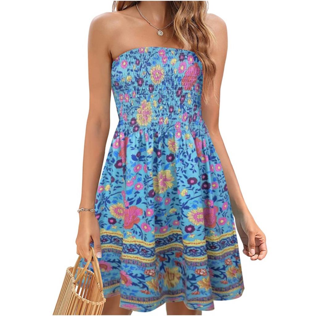 Платье без бретелек для женщин. Летние платья для женщин. Пляжные накидки. Сарафан без бретелек в стиле бохо с цветочным принтом.