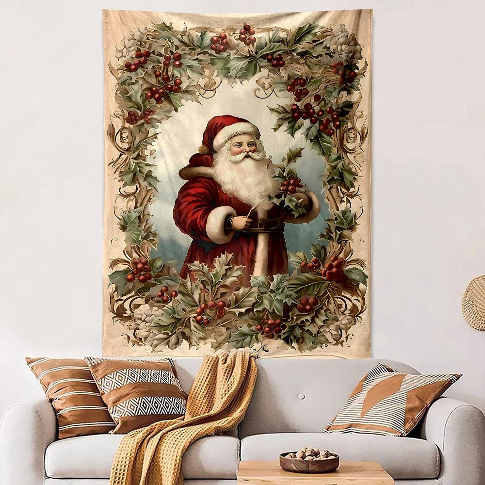 Vintage Santa with Holly Wreath Patterned tapestry home decor, suitable for bedroom and living room, gift