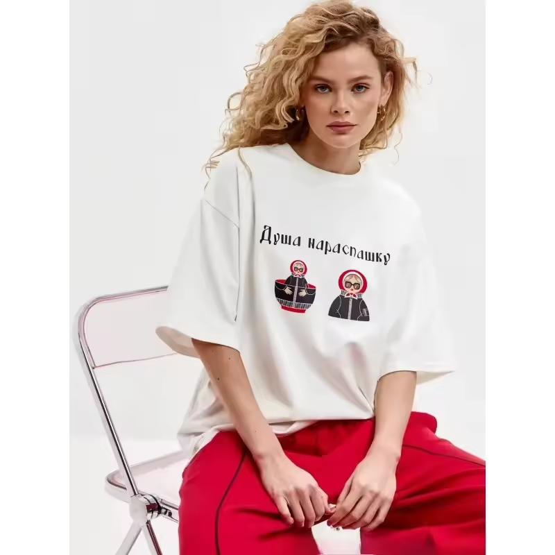 Women's Oversized T-Shirt | Matryoshka Dolls & Russian Text Graphic Tee Chic Fun Cartoon Sweet Girls Summer Tees Y2K