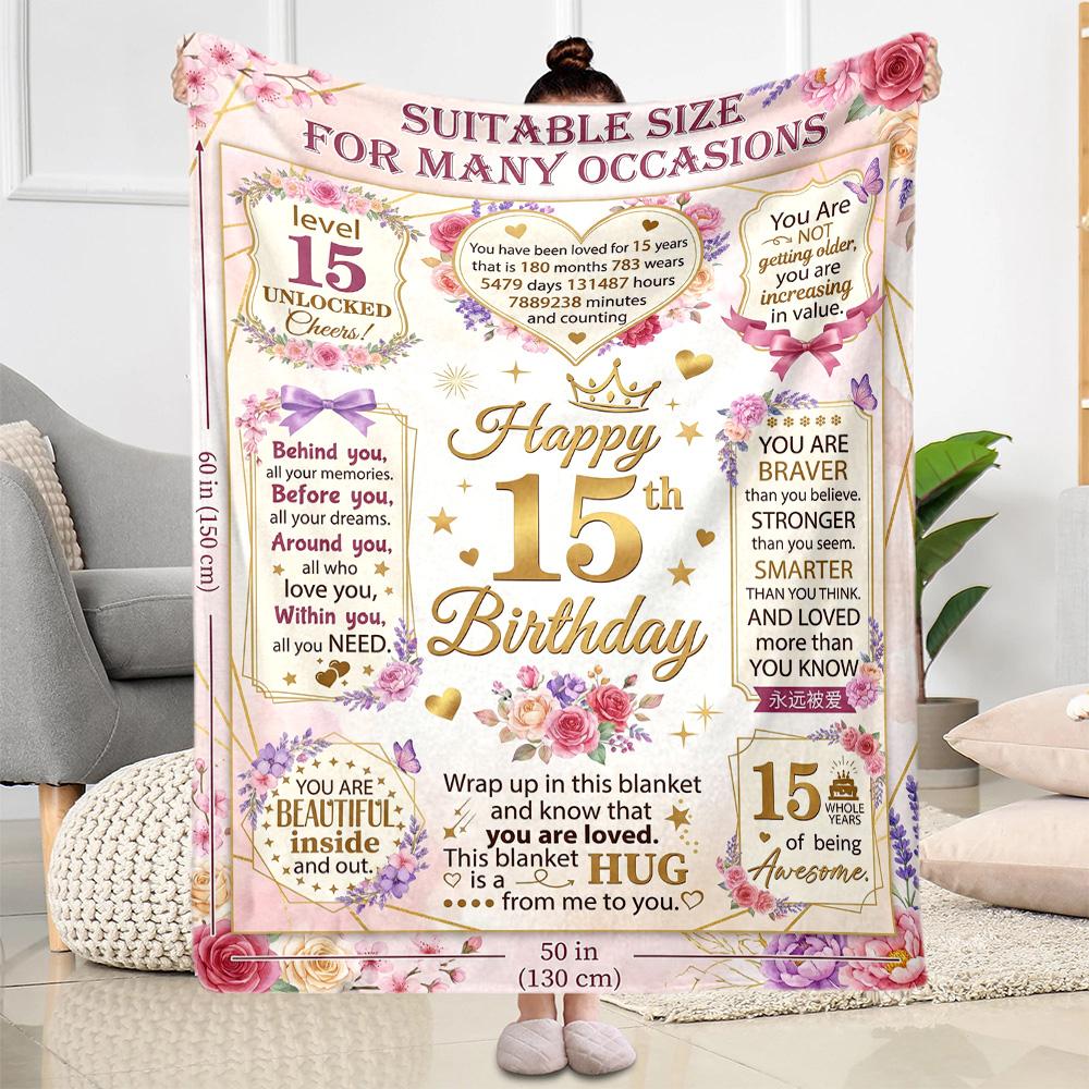 15th Birthday Celebration Flannel Blanket-Soft and Suitable for Sofas,Beds,Offices,Travel,All Seasons,Great Gift for Holidays and Birthdays.