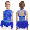 Girls Jazz Latin Dance Costume Shiny Rhinestones Color Block Leotard with Feather Skirt Sleeveless Cutout Back