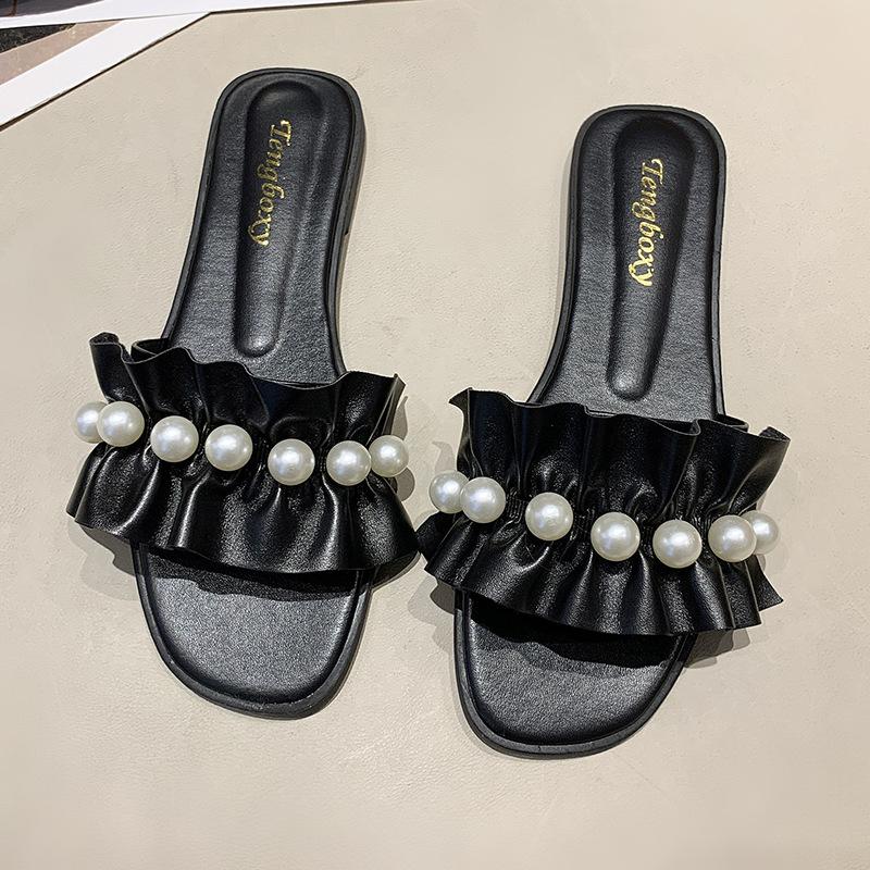 2025 летние новые пляжные односложные тапочки, женская обувь зарубежного производства, модные тапочки в стиле феи с жемчужным кружевом, женская верхняя одежда