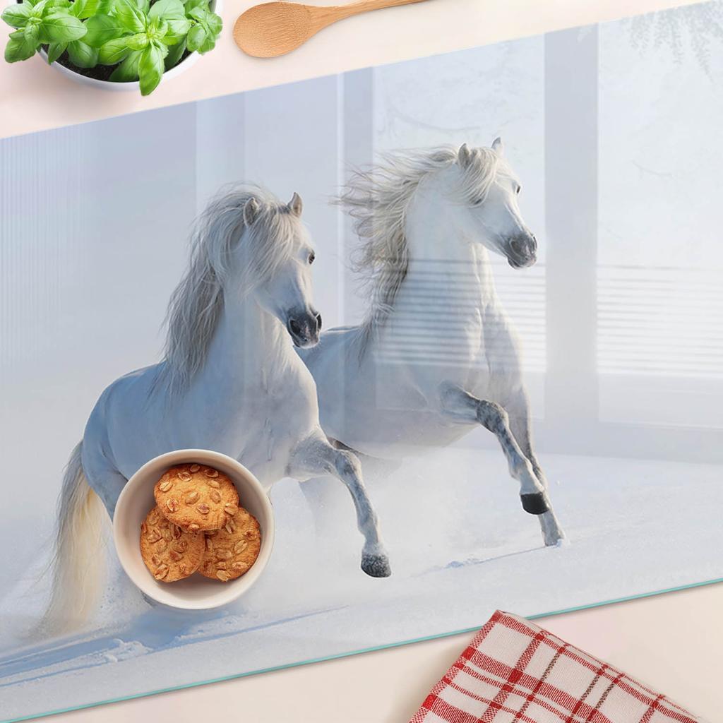 Kitchen Multifunctional Decorative Glass Board Two Snow Horses 80x52 cm