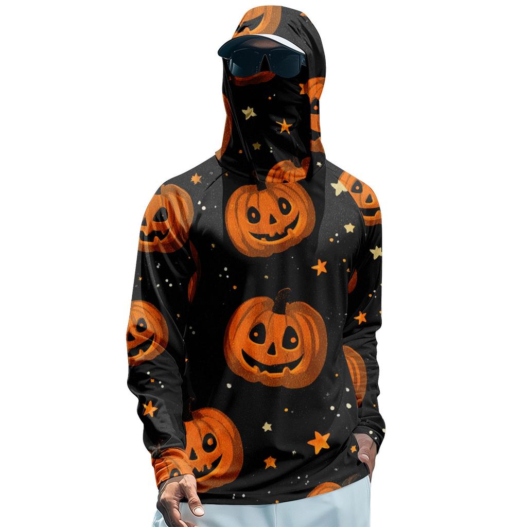 Мужская худи реглан для рыбалки с принтами на Хэллоуин - UPF 50+ УФ защита, длинный рукав, солнцезащитная рубашка с сетчатым козырьком
