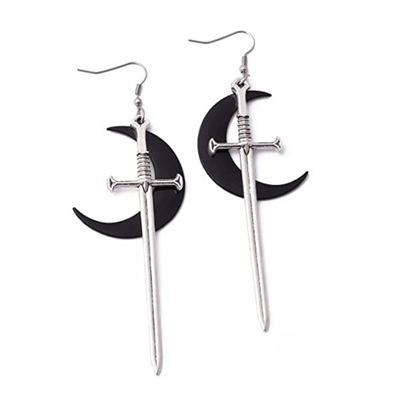 Personality Gothic Stainless Steel Sliver Color Long Sword Black Moon Dangle Earrings for Women Halloween Demon Style Jewelry