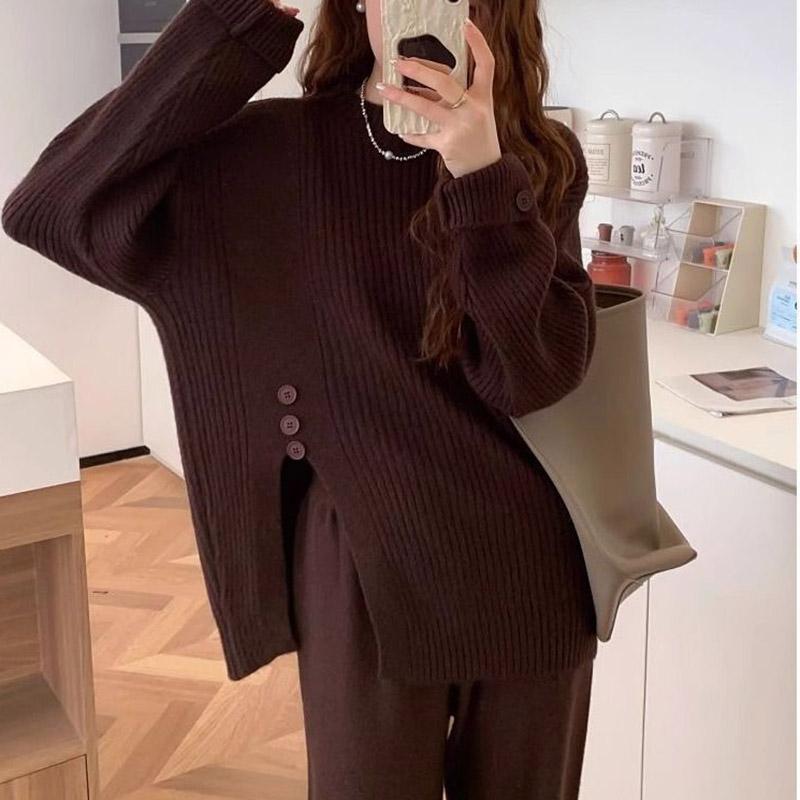 Женские костюмы комплекты хлопок большой размер вязаный топ брюки клеш утолщенный свитер топ длинные брюки костюм двойка оверсайз 2 предмета