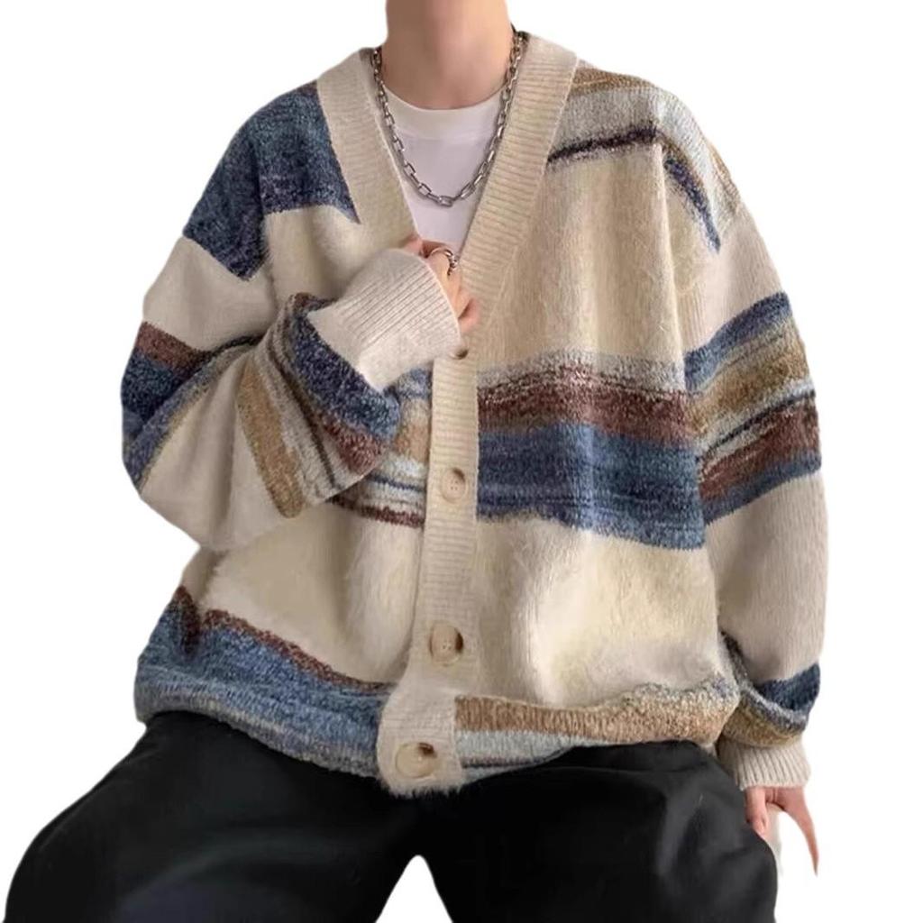 Мужской кардиган в стиле ретро с полосками и цветными блоками - вязаная куртка на осень/зиму для уютного и стильного образа