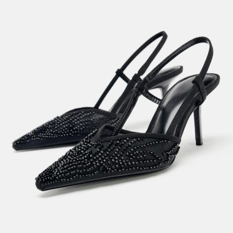 Дышащие Сетчатые Шнурки Бусины Slingback Черные Каблуки Женские Сексуальные Заостренный Носок Задний Ремешок Шпильки Сандалии Роскошные Вечерние Дизайнерские Обувь