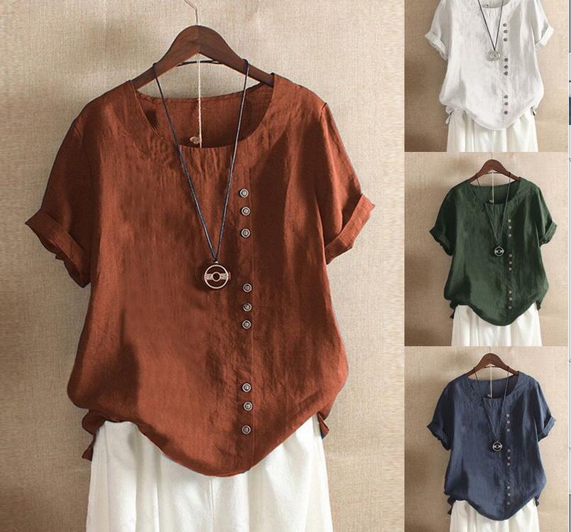 Summer Retro Solid Color Blouse Large Size Casual Loose Button Cotton and Linen Short-sleeved Pullover Round Neck T-shirt Women's Clothing