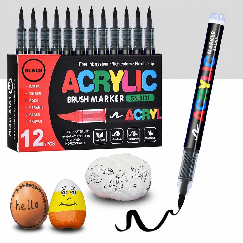 Black Acrylic Paint Pens 12 Pack Soft Brush Tip Acrylic Paint Markers Waterproof Art Markers for Wood Metal Ceramic Fabric Stone Egg Rock