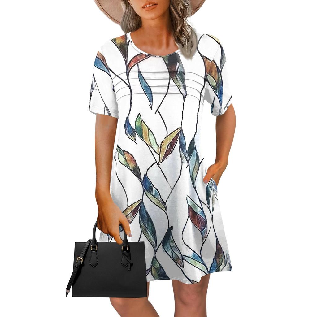 Женское летнее винтажное платье с цветочным принтом, повседневное платье с коротким рукавом и круглым карманом