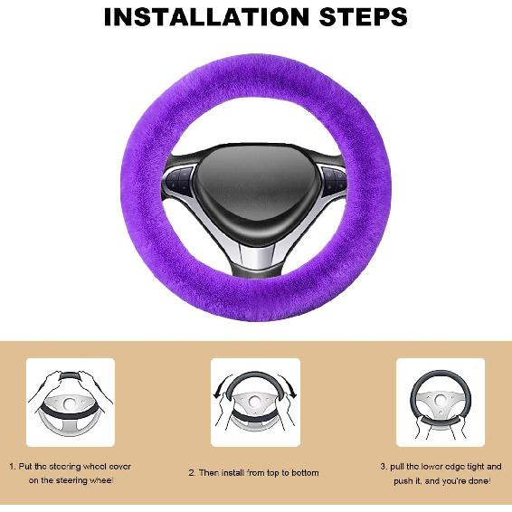 Fluffy Car Steering Wheel Cover, 15 Inch Soft Warm Plush Anti-Slip Furry Wheel Protector, Universal Fuzzy Comfortable Steering Wheel Covers For
