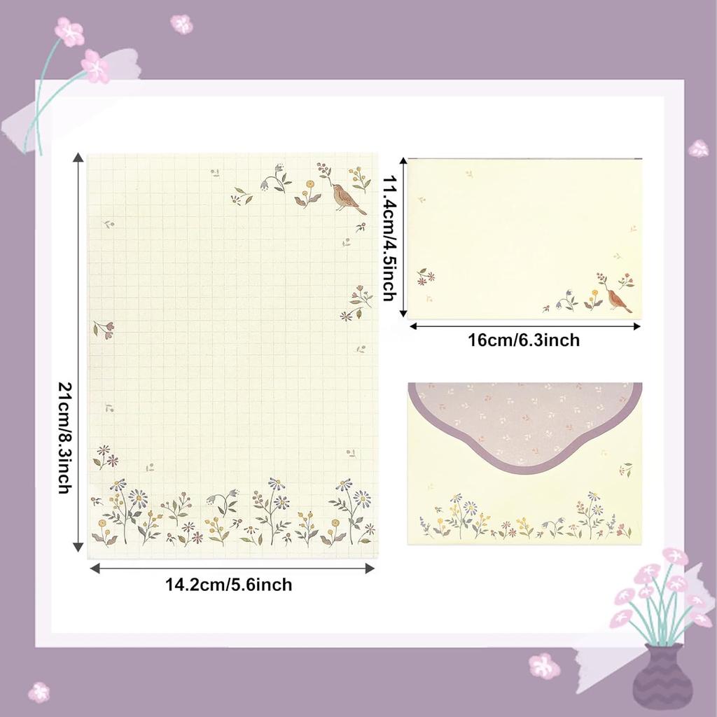 37 Pcs Stationery Paper Envelopes Set Includes 24 Lined Writing Paper & 12 Envelopes with 48 Round Stickers, Cute Bear Flower Cat Letter Writing and