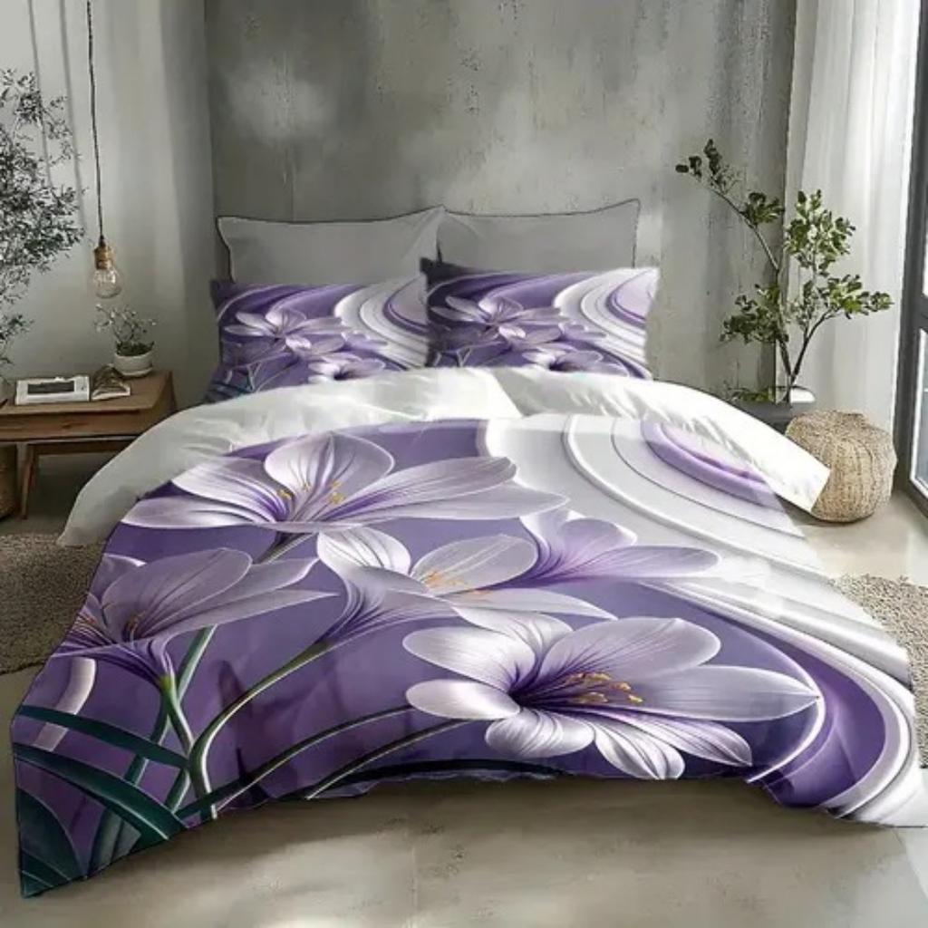 Пододеяльник с узором из фиолетовых цветов в стиле легкой роскоши, размер Queen King, 3D-печать, мягкое и удобное постельное белье, комплект из 3 предметов