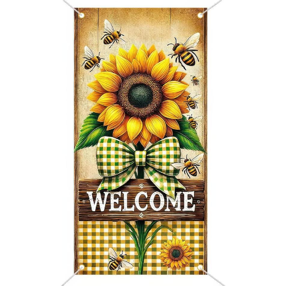 Spring Sunflower Door Cover Welcome Spring Decorations Theme Party Photo Background Bee Flower Bow Backdrop Photography 35 x 70 in Spring Party