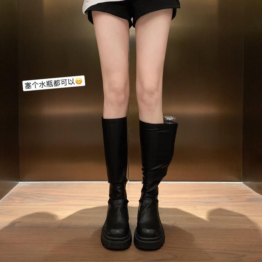 Сапоги Su Yinyin из коровьей кожи того же стиля, толстые подошвы, толстые каблуки, плиссированные, средние и высокие эластичные штабелируемые сапоги, женские сапоги