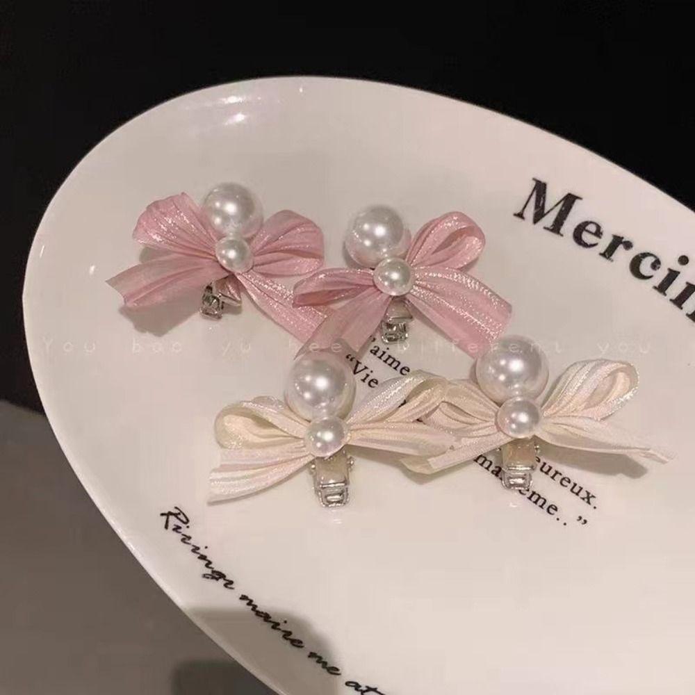 Trendy Bow Pearl  Hairpin Elegant Bangs Pearl Clips Fashion Bowknot Hair Clips  Wedding