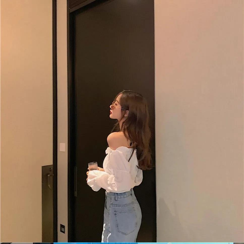 Women Spring Summer Solid Blouses Off Shoulder Long Sleeve White Black Shirt Puff Sleeve Ruffle Tunic Cropped Tops