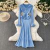 Autumn Winter Women Elegant V-neck Knitted Sweater Metal Button Christmas Party Long Midi Fishtail Dresses