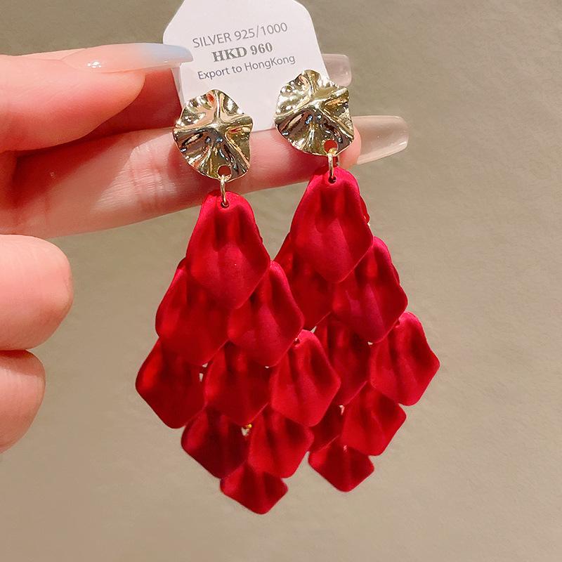 Silver needle petal fringe geometric earrings exaggerated fashion design stud earrings niche retro high-end earrings