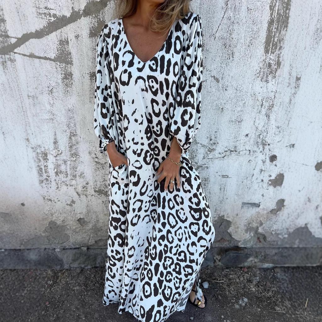 IHUASU Весна-лето с длинным рукавом и принтом леопарда, свободное платье с V-образным вырезом для женщин