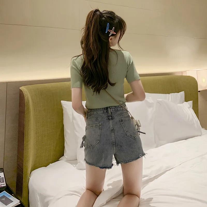 WTEMPO Женские свободные джинсовые шорты с высокой талией и перекрестными бретелями, весна-лето, широкие, А-силуэта, тонкие повседневные шорты