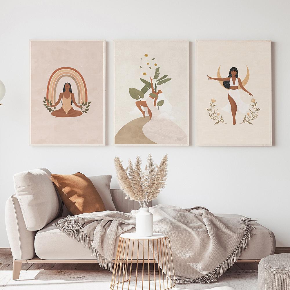 Бохо-земляные тона Полная луна Тропические растения Искусство Печать постера Йога Женщина Ведьма Минималистский женский холст Картина Комната Домашний декор