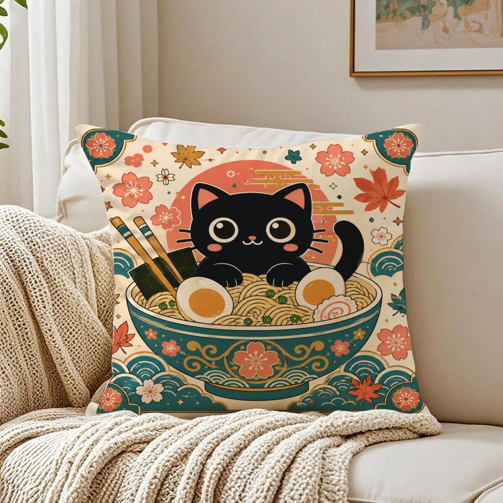Kawaii Black Cat Ramen Noodle Pillow Case Organic Short Plush Cushion Covers Breathable Washable WrinkleResistant