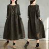 Retro Cotton and Linen Printed Round Neck Long Sleeved Dress for Women