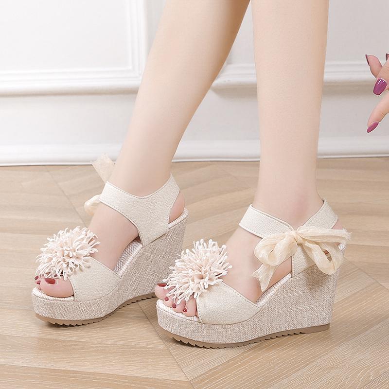 Модные элегантные повседневные босоножки с цветочным принтом и толстой подошвой на покатом каблуке 2024 года, модные сексуальные женские босоножки с бантом на высоком каблуке 2024 года, летние спортивные сандалии