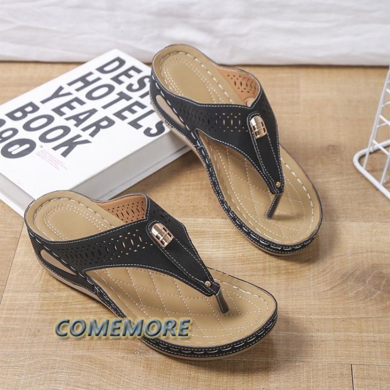 Women's Wedge Flip Flops Solid Color Slip On Summer Sandals Casual Classic Outdoor Beach Shoes Fashion Hollow Out Large Size 43