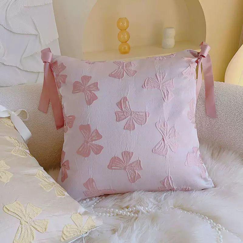 Korean Ins Ballet Style Girl Pink Ribbon Bow Pillow Cream Style Cushion Bedroom Sofa Cushion Cover