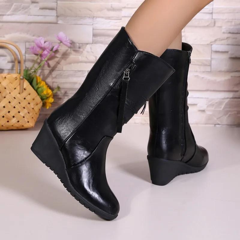 Женская обувь 2024 года, горячая распродажа, женские сапоги с боковой молнией, модные, круглые, современные сапоги, женские зимние сапоги больших размеров на танкетке до середины икры