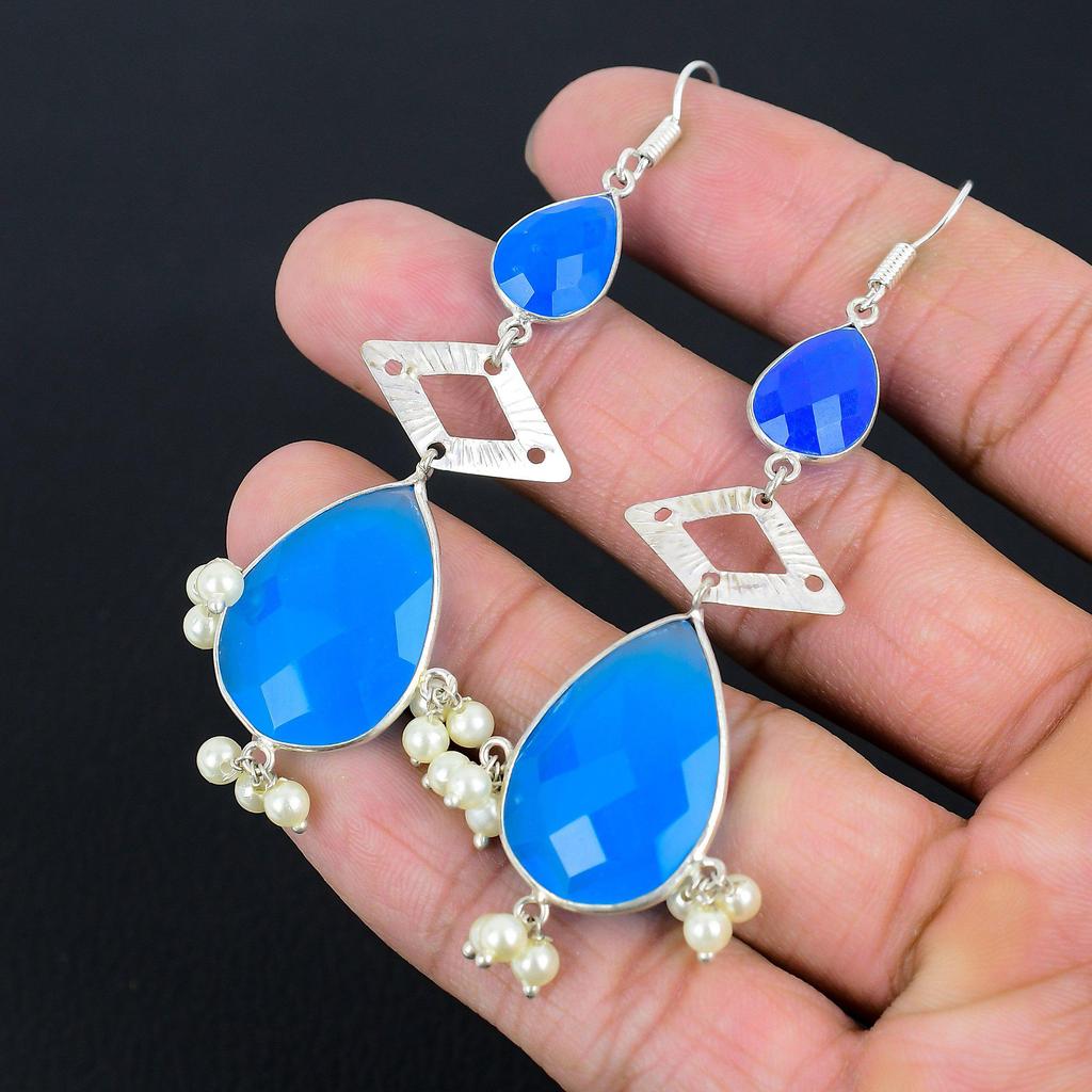 Sisters Day Sale 925 Silver Pear Natural Blue Sapphire Boho Drop Dangle Earrings