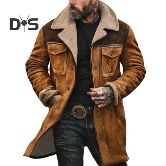 Men Jacket Large Plush Lapel Long Sleeve Vintage Suede Jacket with Pockets Zipper Up Mid-length Motorcycle Coat