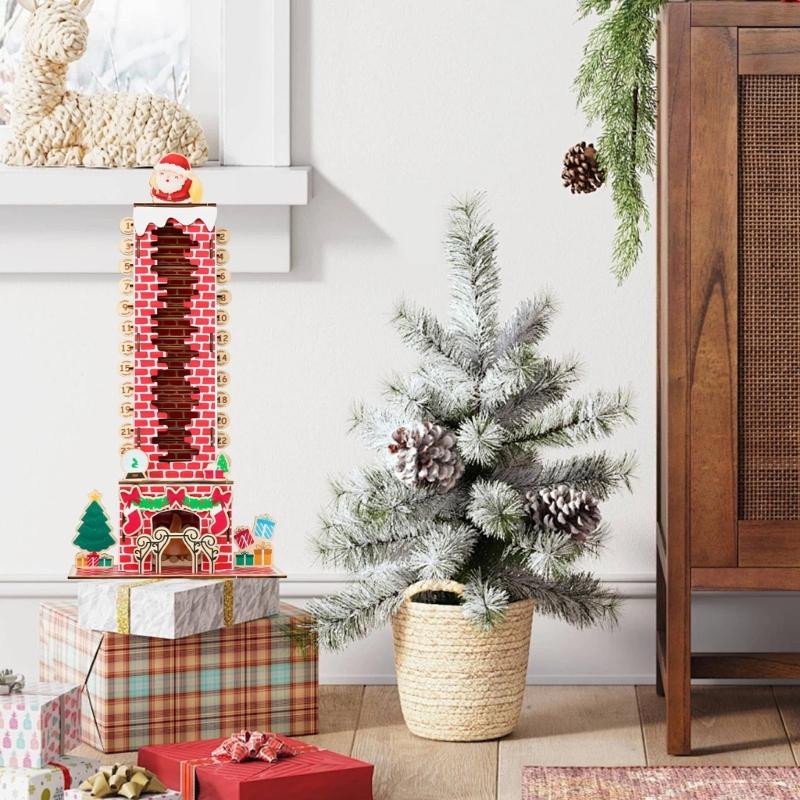 Christmas Countdown Calendar With Santa Descending Chimney Design Wooden Hanging Ornament For Family Festival Decorations